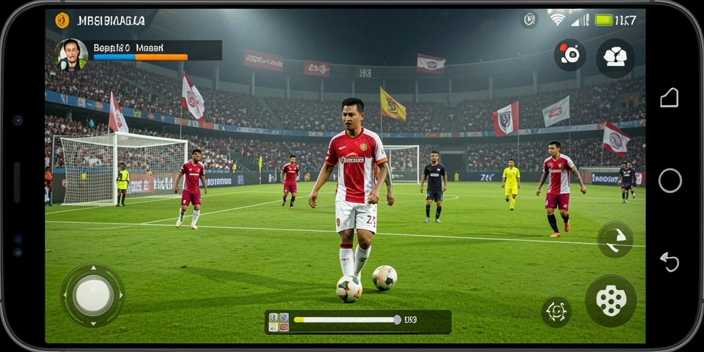 Screenshot gameplay ZK7 menampilkan aksi seru di lapangan sepak bola.